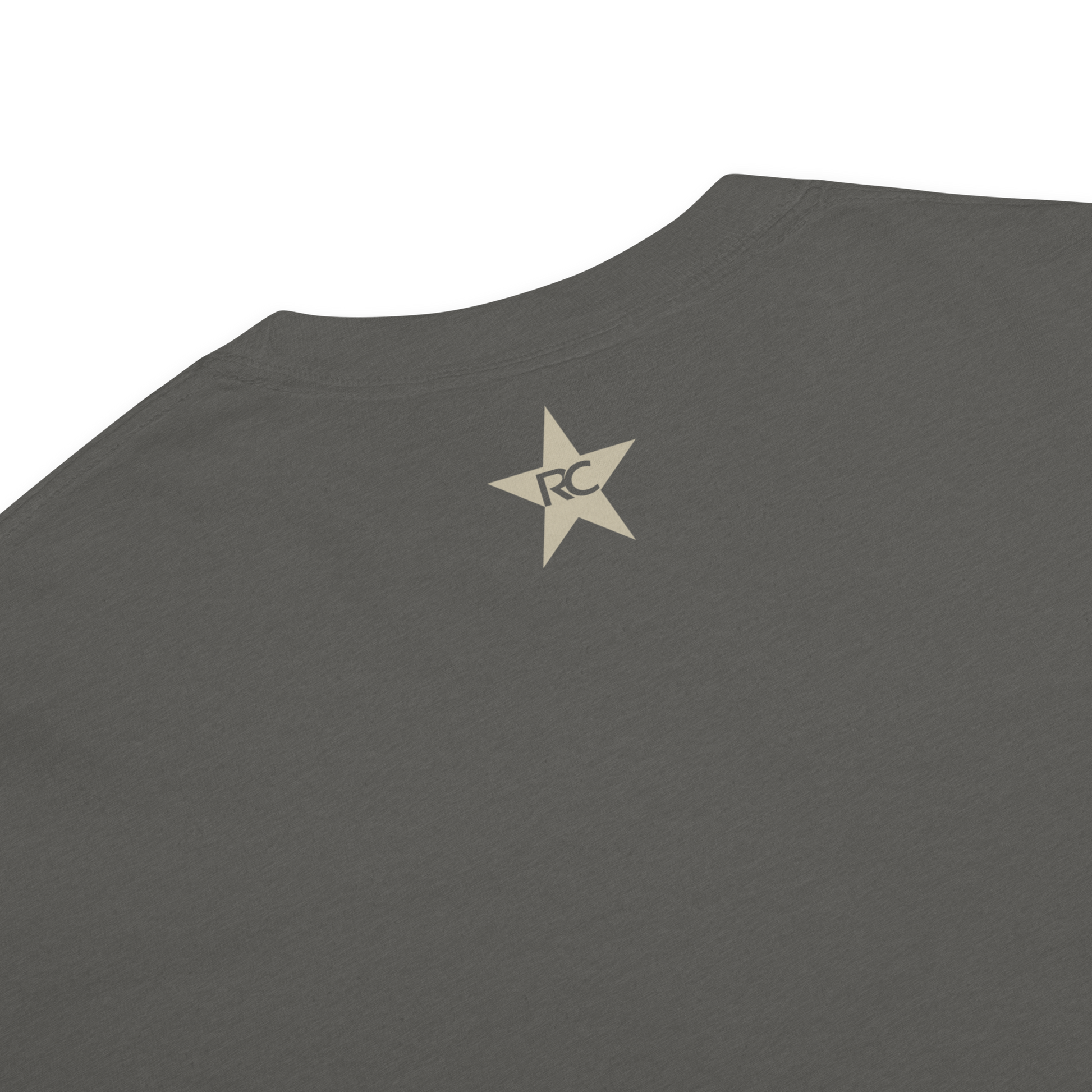 Charcoal gray Comfort Colors tee with a beige RC star logo on the back, for basketball referees.