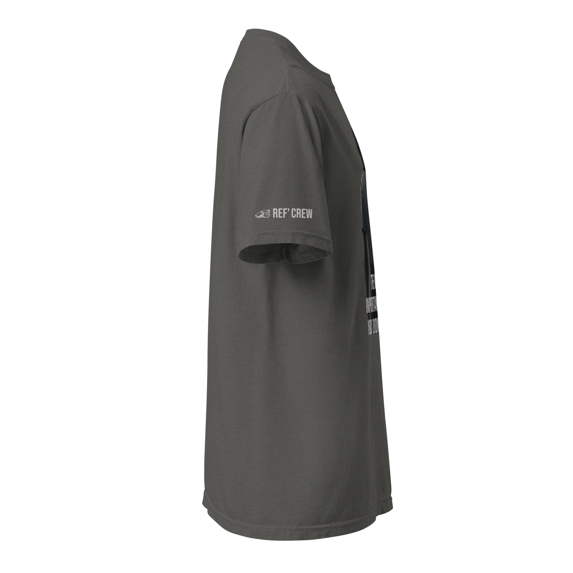 Charcoal grey Comfort Colors tee with a referee silhouette graphic and "Ref' Crew" whistle logo on the sleeve.