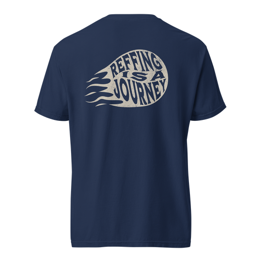 True Navy Ref' Crew Reffing Is A Journey referee t-shirt, vintage psychedelic comet design with hand-lettered type — back view