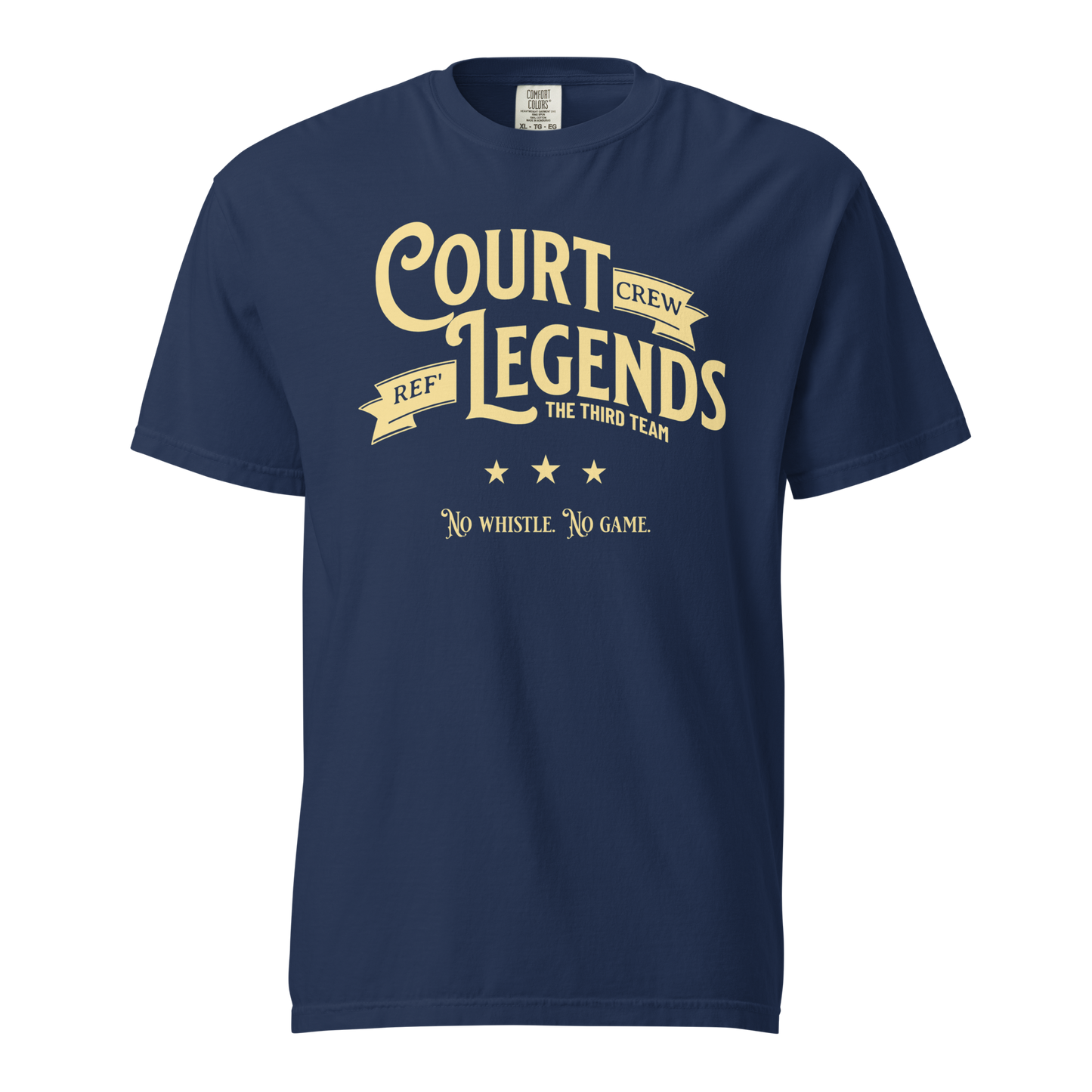 Navy blue "Court Legends" tee with gold vintage typography, perfect for basketball referees.