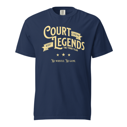 Ref' Crew Court Legends navy referee t-shirt for basketball official, gold vintage text, 100% cotton.