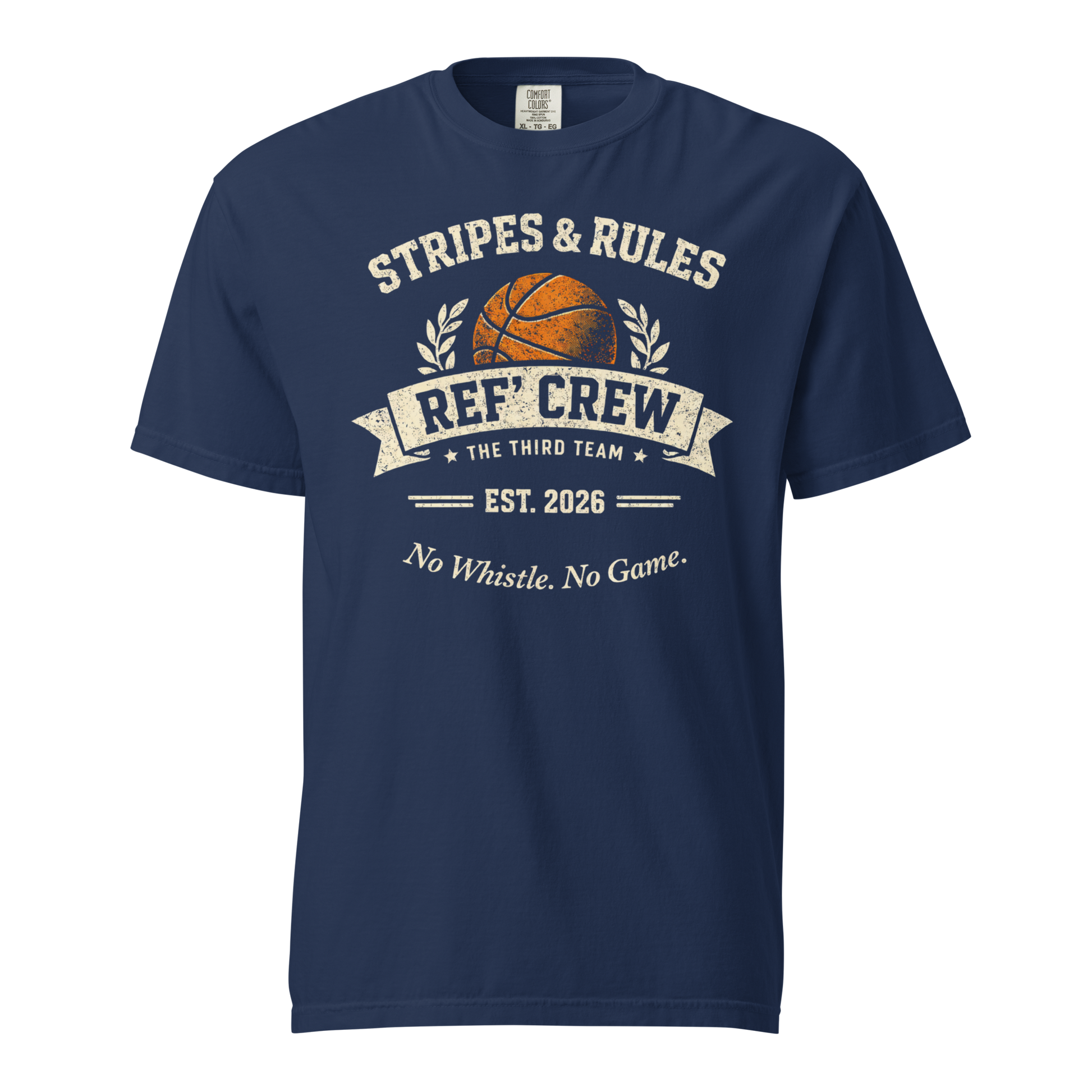 Navy Comfort Colors "Stripes & Rules Ref' Crew" vintage basketball tee with distressed graphic.
