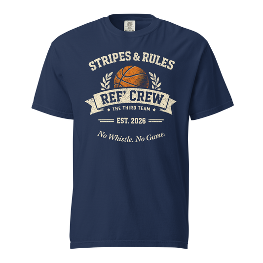 Navy Comfort Colors "Stripes & Rules Ref' Crew" vintage basketball tee with distressed graphic.