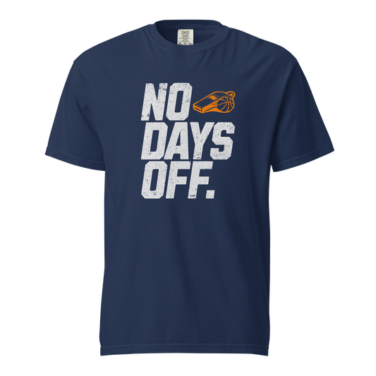 Navy Comfort Colors referee t-shirt for basketball officials with "No Days Off" and Ref' Crew whistle graphic.