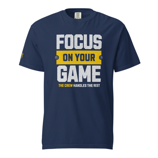 Navy referee t-shirt for basketball officials with "Focus On Your Game" distressed text, basketball graphic, and Ref' Crew sleeve detail.