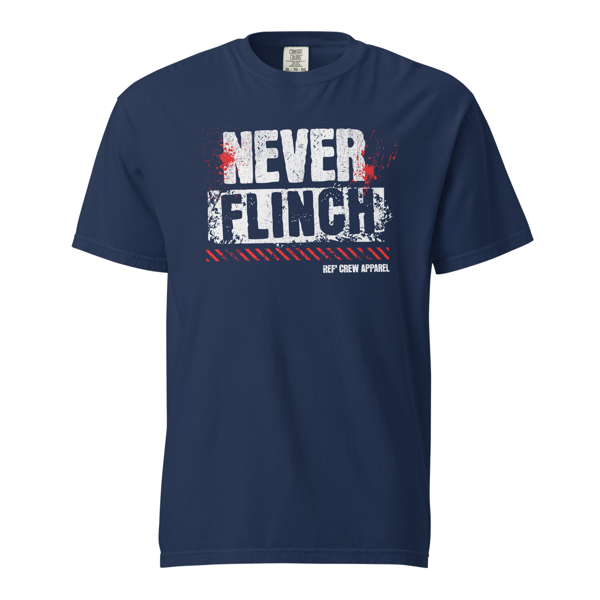Navy "Never Flinch" referee t-shirt for basketball official, Ref' Crew Apparel, with distressed white text and red splatter.