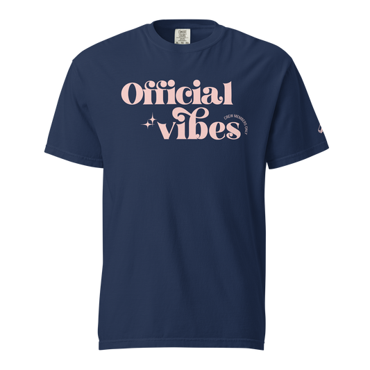 Navy "Official Vibes" referee t-shirt for basketball official Ref' Crew, 100% cotton with pink groovy typography.