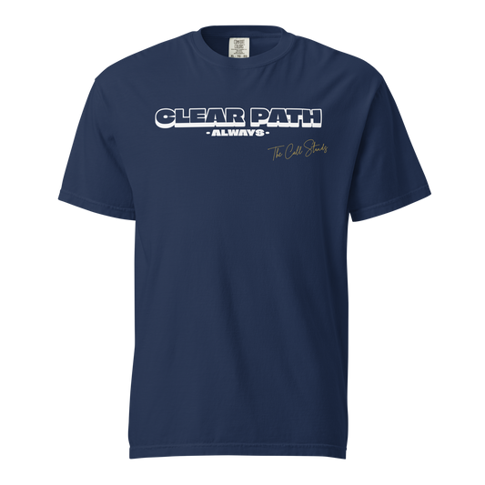 True Navy Ref' Crew Clear Path referee t-shirt for basketball officials, bold "Clear Path Always" typography with "The Call Stands" gold script — front view
