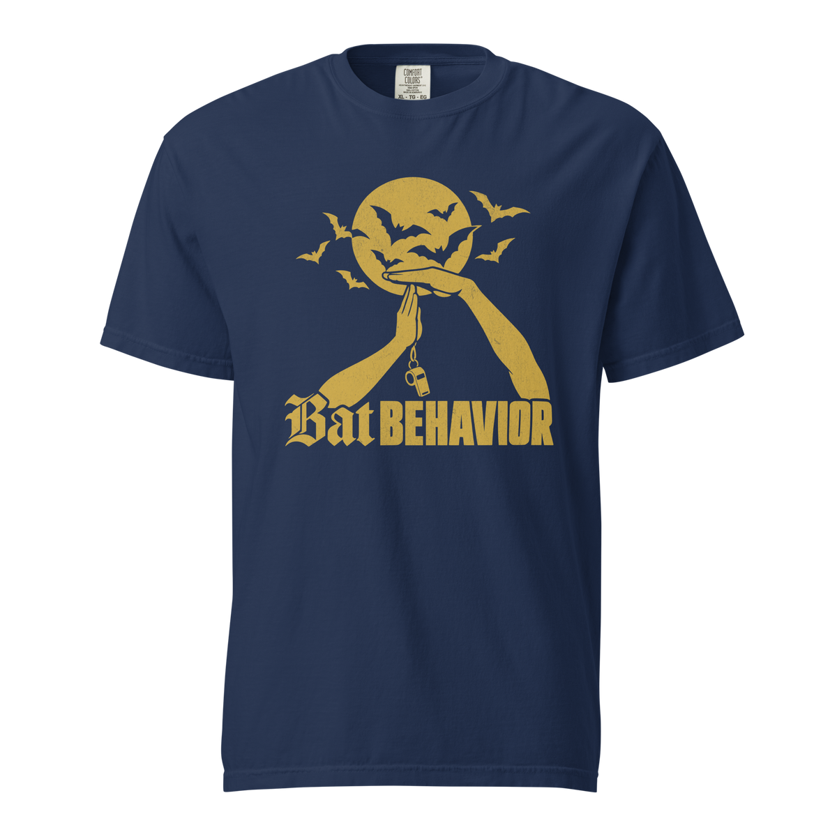 Bat Behavior Tee in True Navy – front view, gold technical-foul T in front of a full moon with bats – Ref' Crew basketball referee Halloween tee