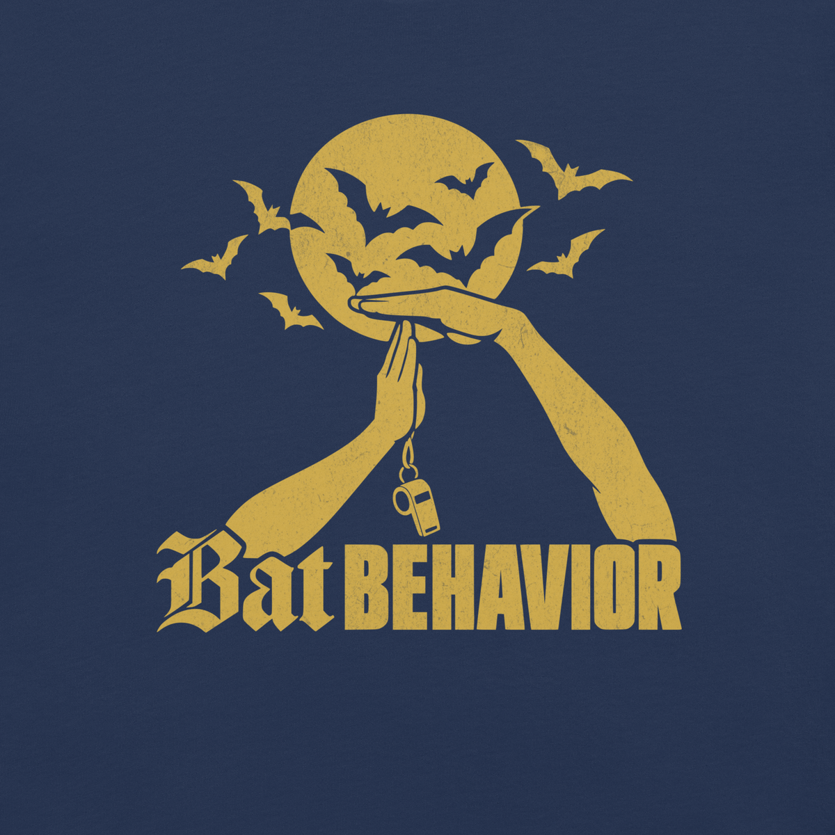 Close-up of the gold "Bat BEHAVIOR" print with full moon, bats and whistle on True Navy garment-dyed heavyweight cotton