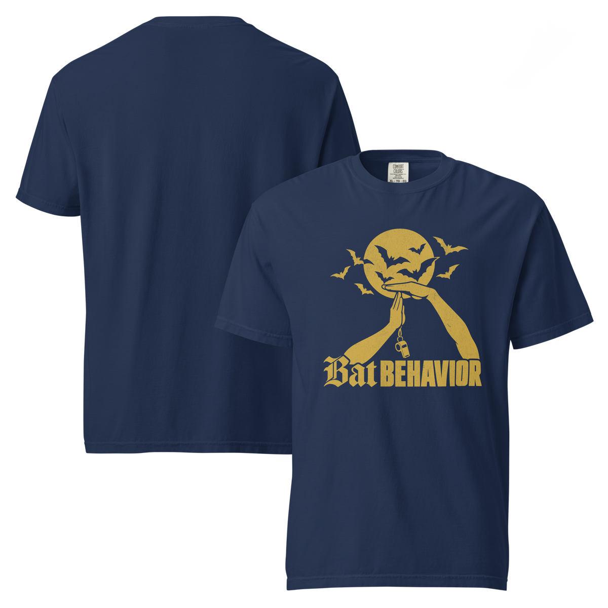 Bat Behavior Tee in True Navy – front and back views, gold chest print, plain back