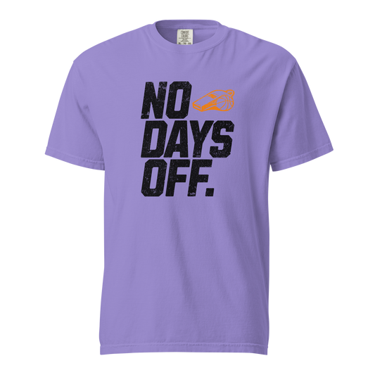 Purple Comfort Colors referee t-shirt for basketball officials with "No Days Off" and Ref' Crew whistle graphic.