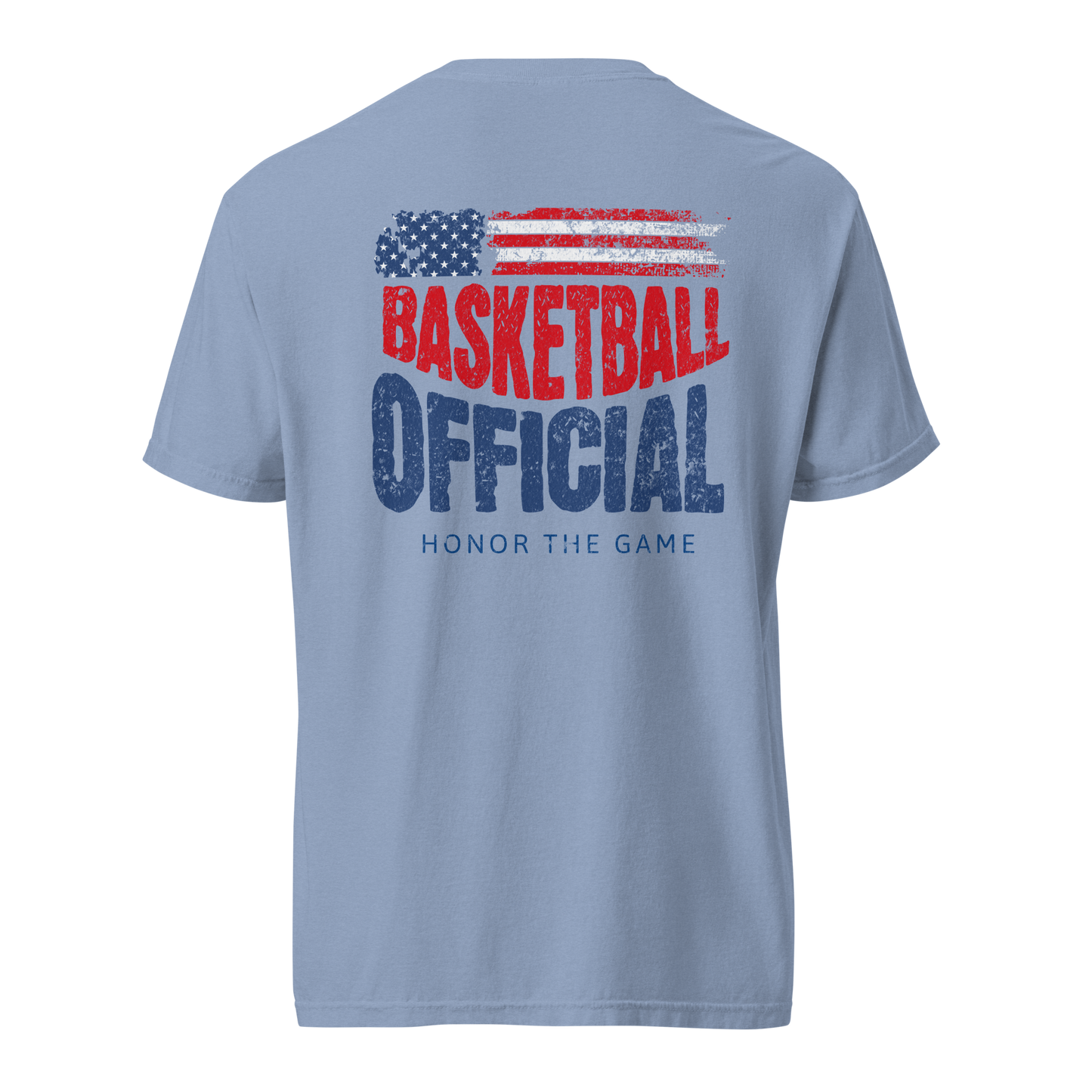 Light blue Comfort Colors "Honor The Game" basketball official tee with distressed American flag and text on back.