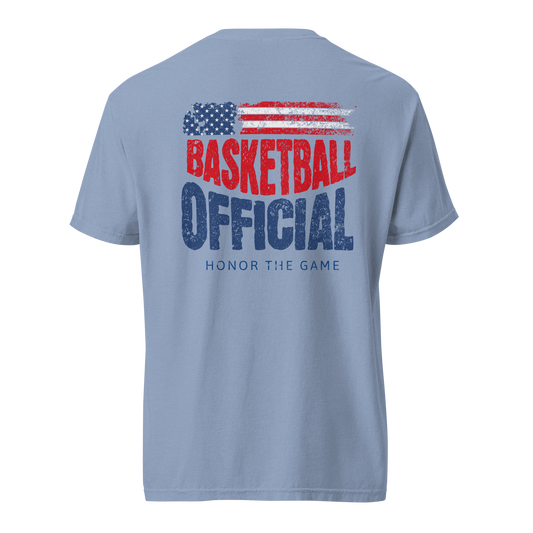 Light blue Comfort Colors "Honor The Game" basketball official tee with distressed American flag and text on back.