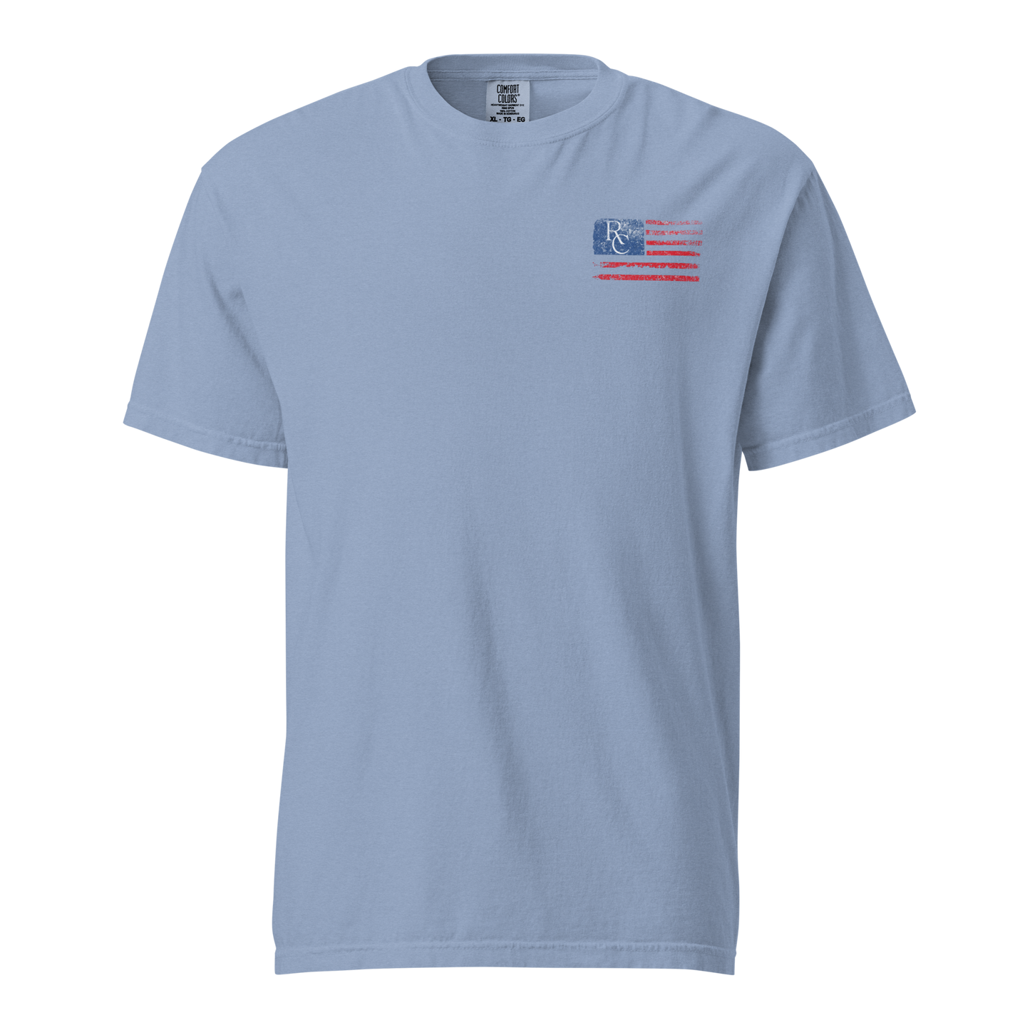 Blue Comfort Colors Honor The Game tee with distressed American flag and "R&C" logo, premium streetwear for basketball officials.