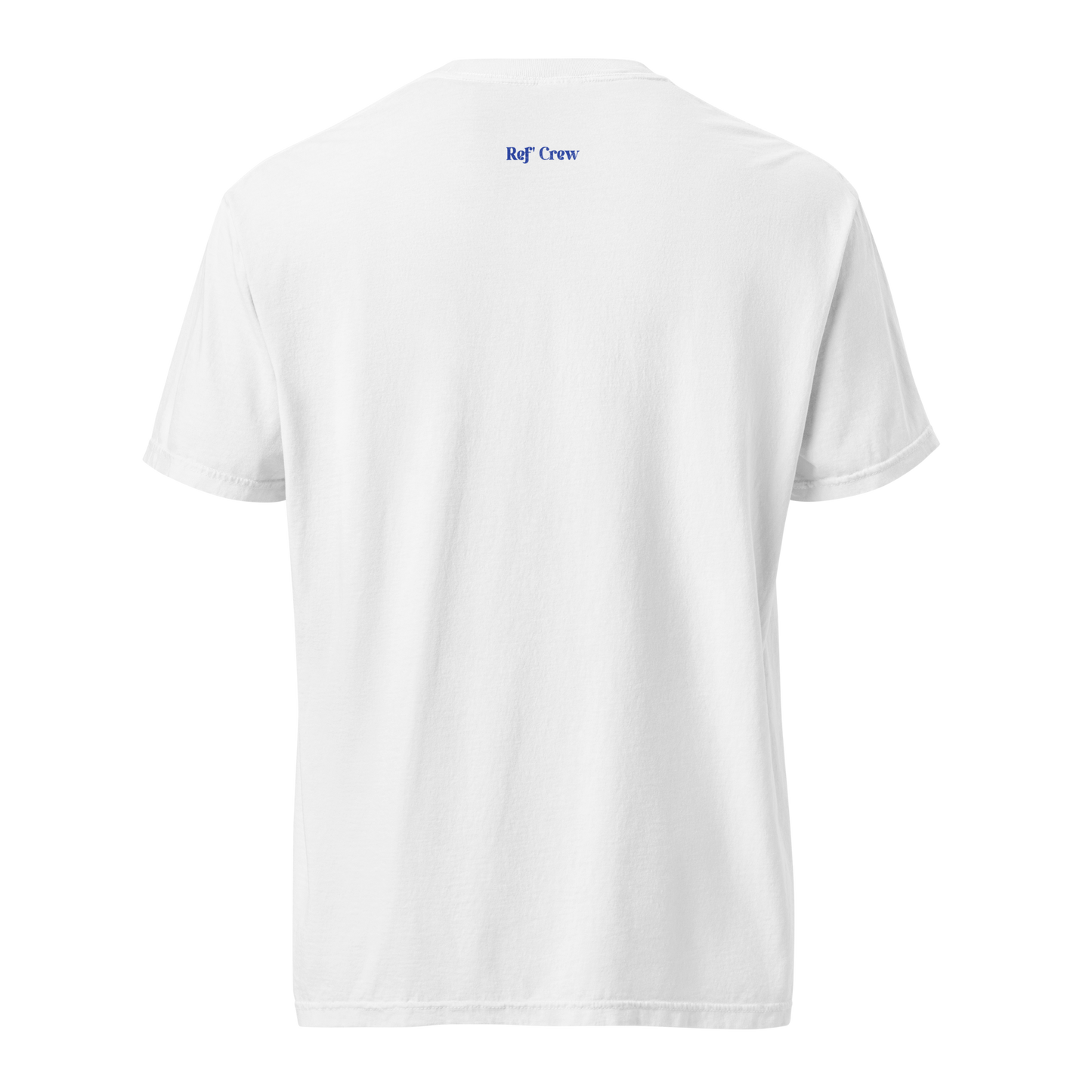 Back of "The Call Stands" Heritage Blue tee with blue Ref' Crew branding on the neck.