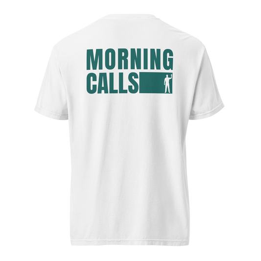 Ref' Crew Morning Calls Tee in white — back view showing the bold 'MORNING CALLS' graphic with the official silhouette on garment-dyed heavyweight cotton