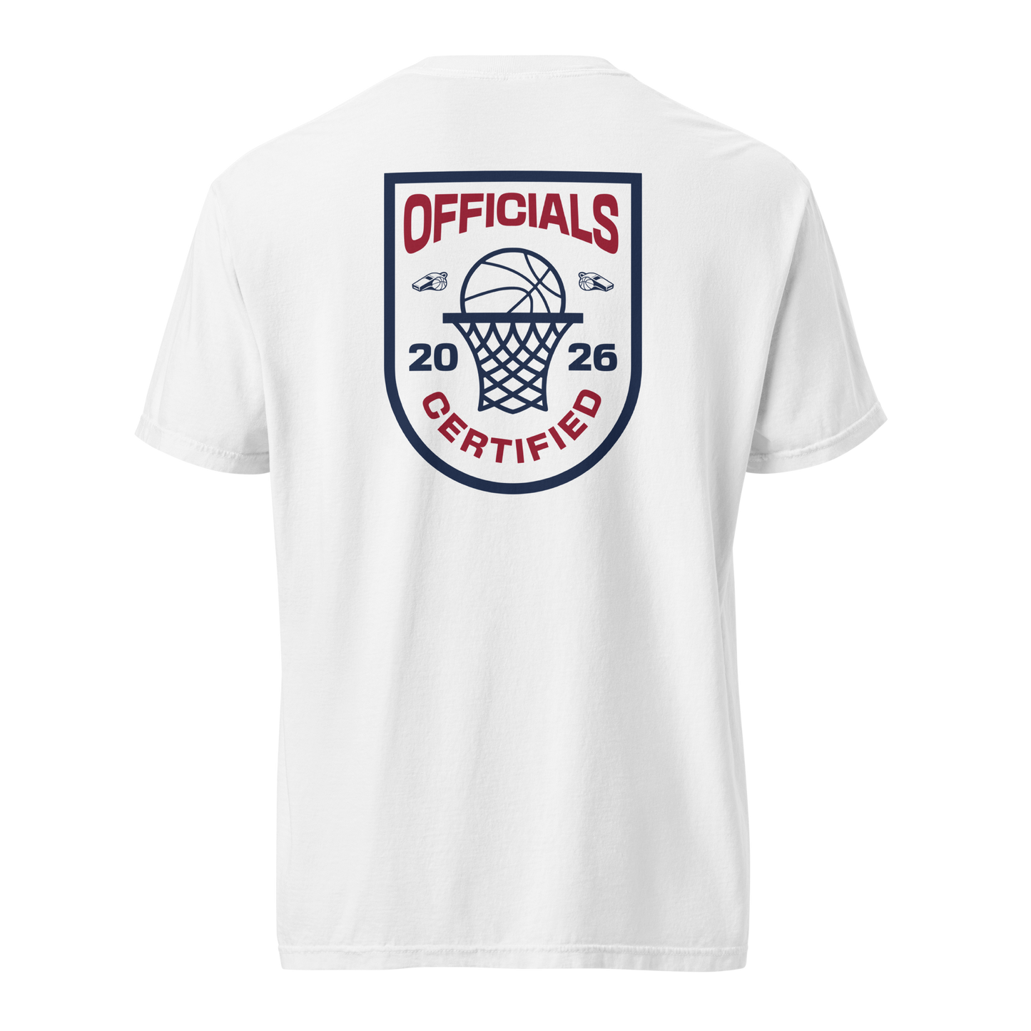White garment-dyed heavyweight tee, back view — full Ref' Crew Officials Certified crest badge in navy and burgundy