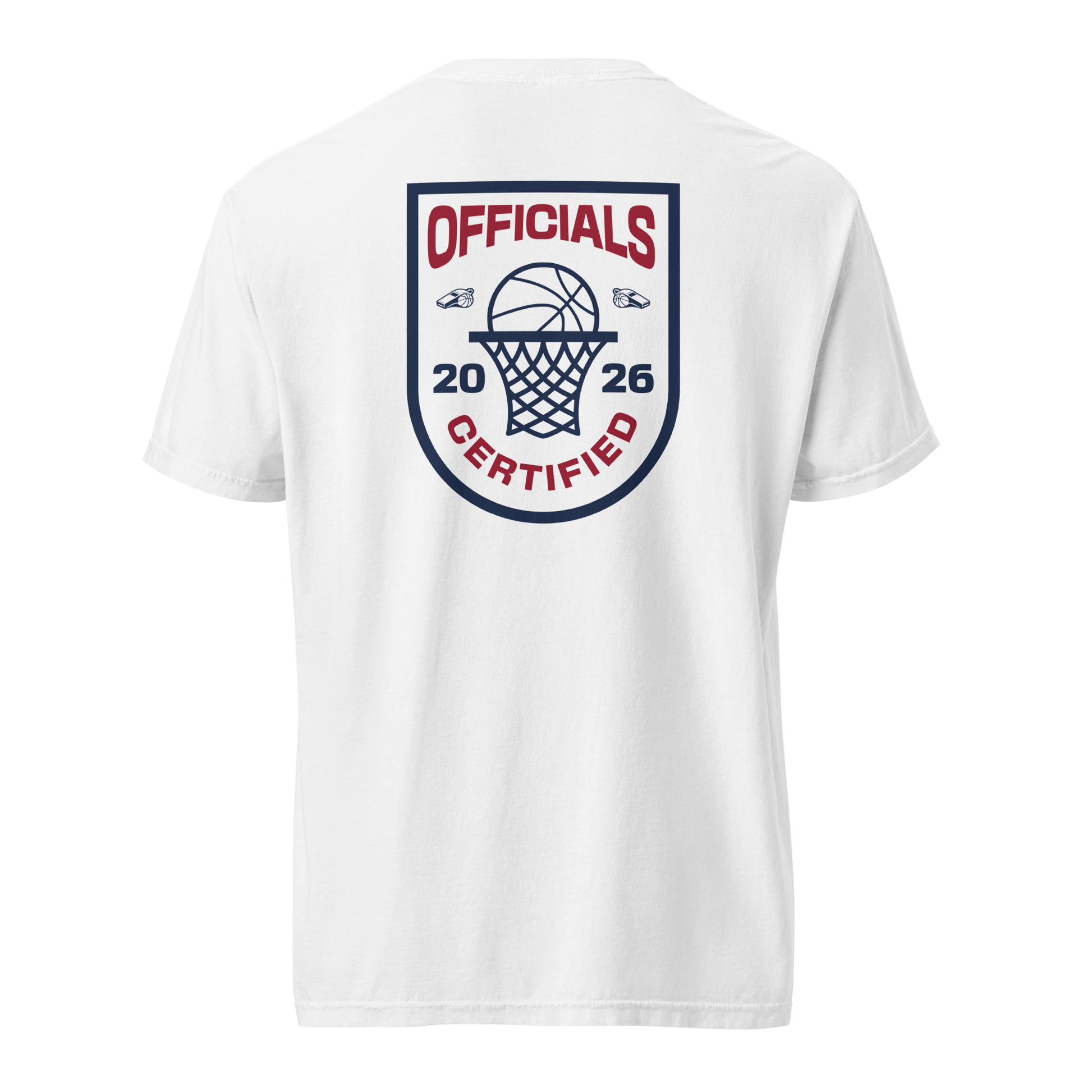 White garment-dyed heavyweight tee, back view — full Ref' Crew Officials Certified crest badge in navy and burgundy