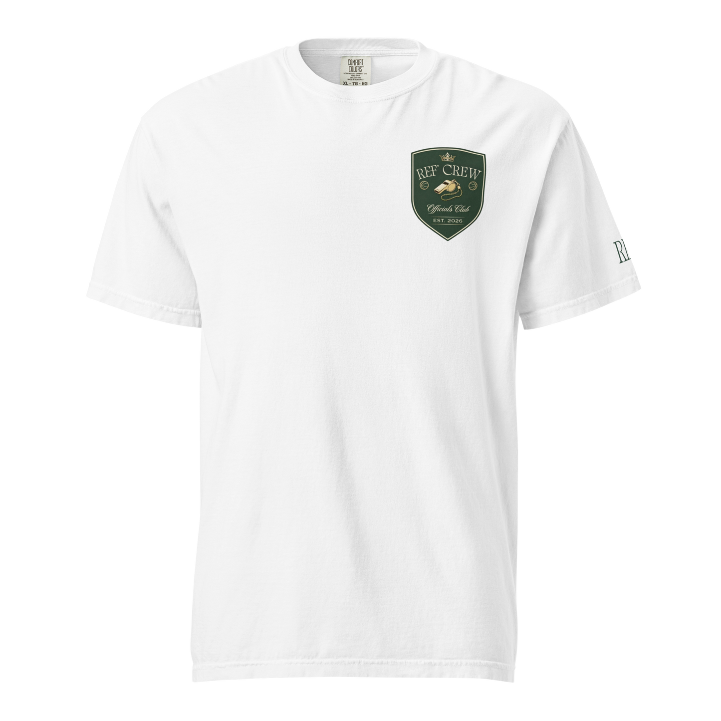 White heavyweight cotton Heritage Academy Shield Tee with green, gold, and cream Ref Crew emblem.