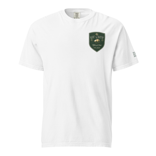 White heavyweight Ref' Crew referee t-shirt for basketball officials, featuring a green and gold shield logo.