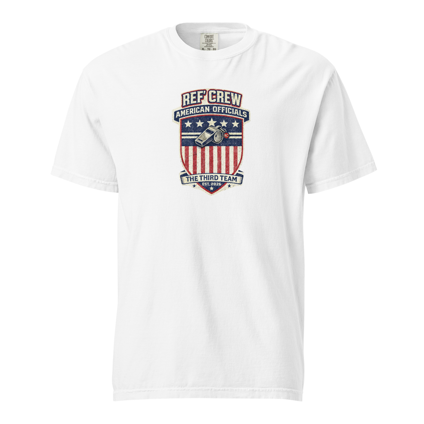 White heavyweight cotton tee with "American Legacy" crest featuring a whistle and "REF' CREW" in red, white, and blue.