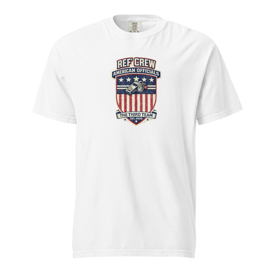 White Ref' Crew referee t-shirt for basketball officials, featuring an American flag-themed crest with a whistle.