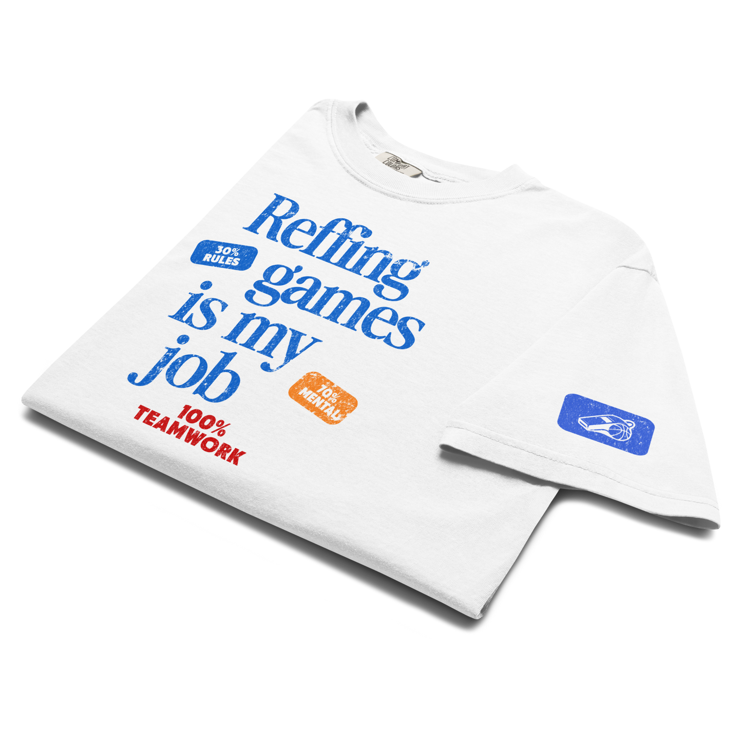 White "Manifesto" Performance Tee for referees, 100% cotton, with "Reffing games is my job" text and Blue Whistle icon.