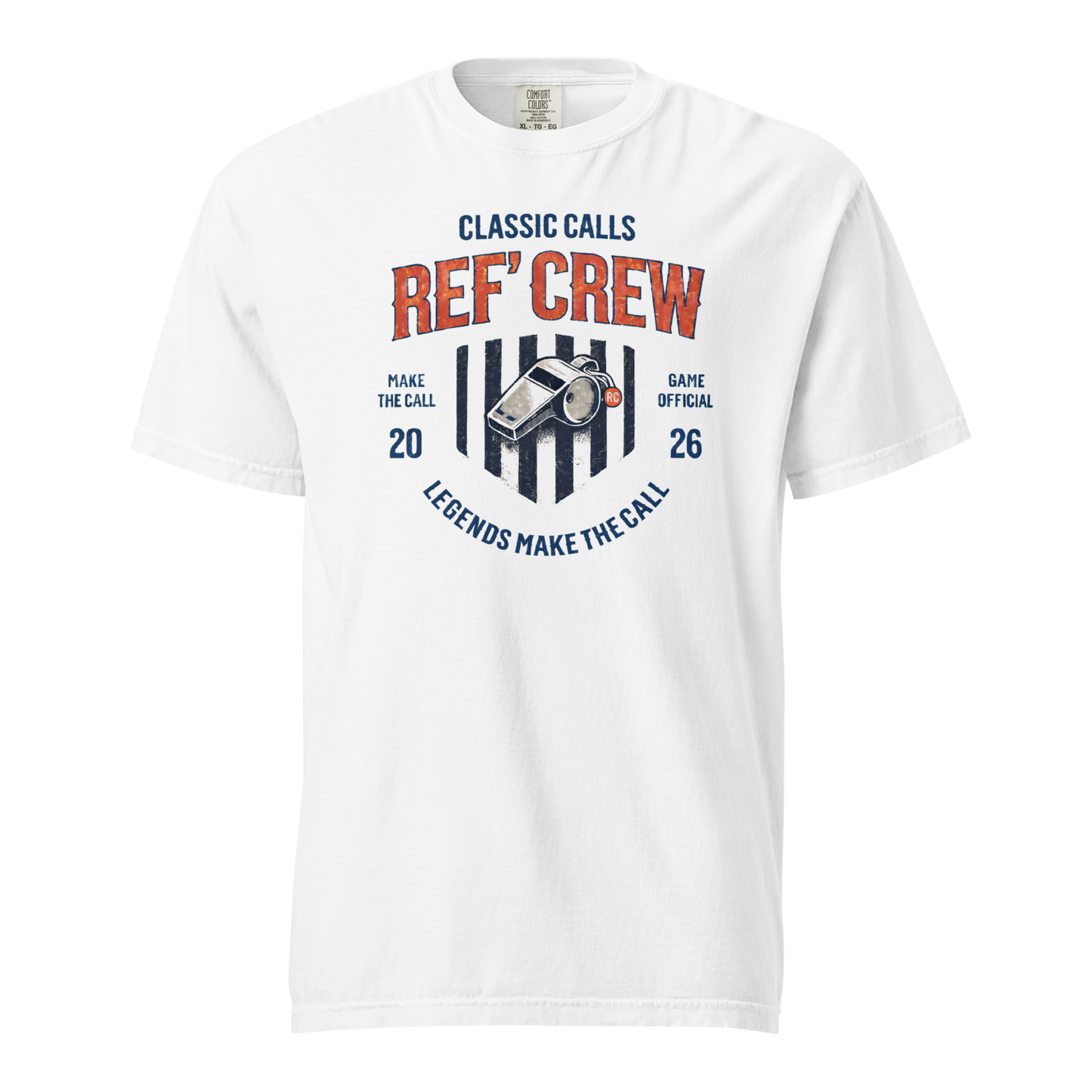 White Comfort Colors "Ref' Crew" tee with vintage referee whistle graphic, perfect for basketball officials.