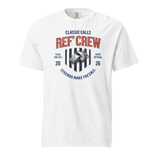 White Comfort Colors referee t-shirt for basketball official, Ref' Crew "Classic Calls" vintage graphic.
