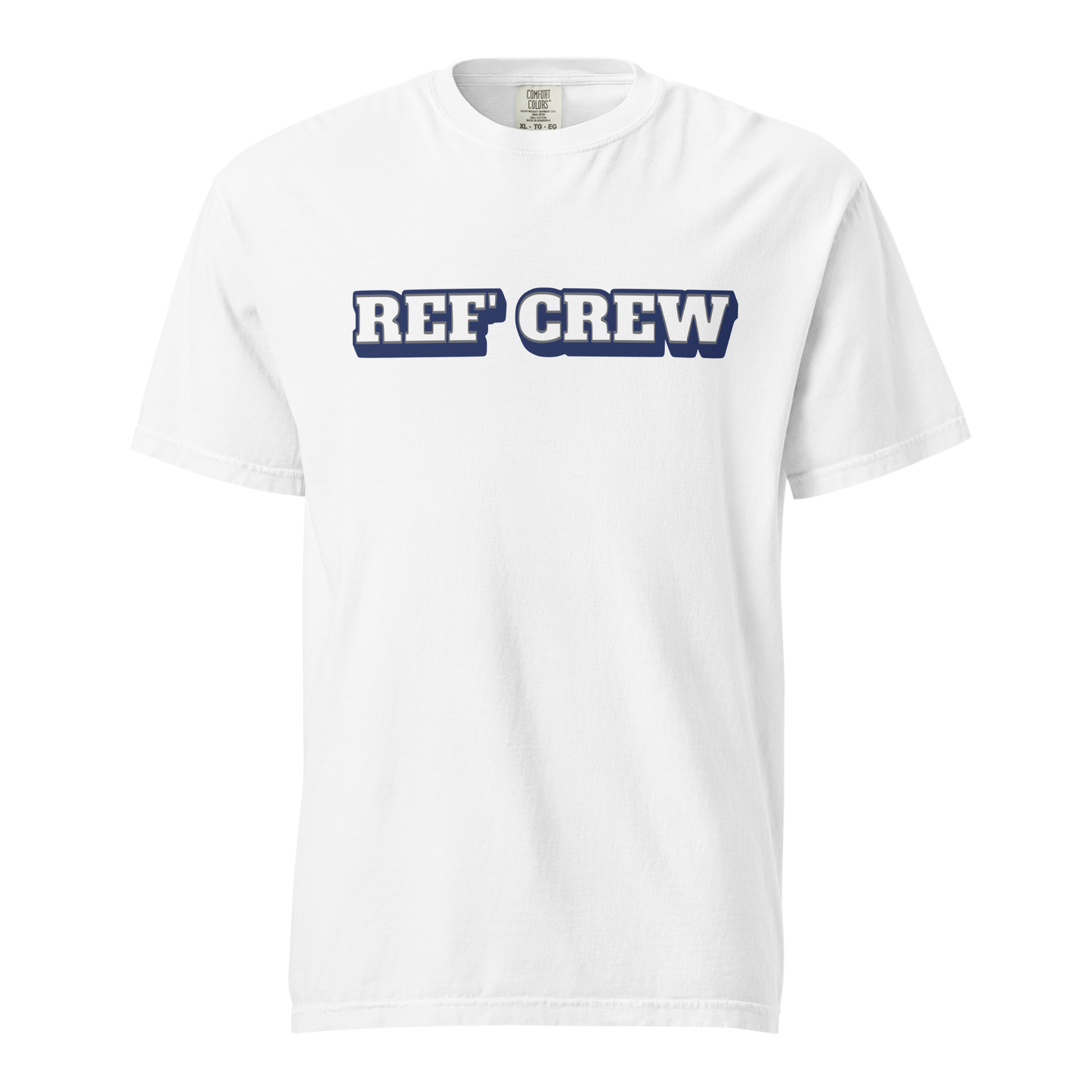 White Comfort Colors "REF' CREW" varsity graphic tee for basketball referees, premium heavyweight cotton.