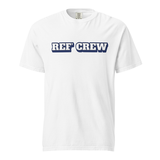 White Comfort Colors referee t-shirt for basketball official with bold blue "REF' CREW" varsity lettering.
