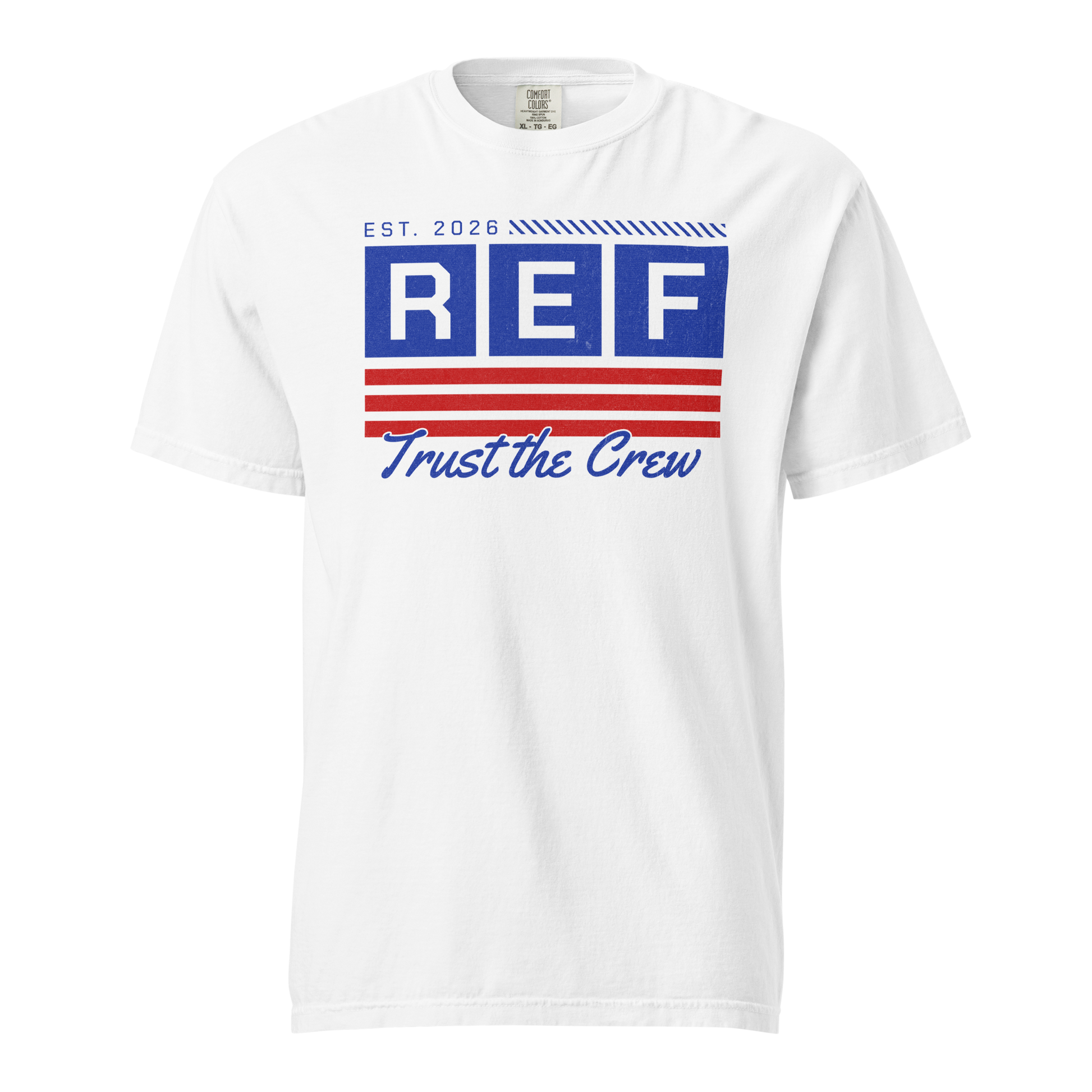 White Comfort Colors cotton tee with "REF Trust the Crew" graphic in red and blue, ideal for basketball officials.