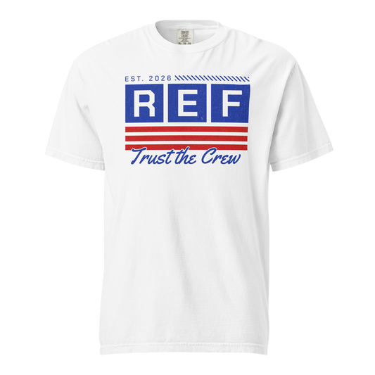 White Comfort Colors cotton tee with "REF Trust the Crew" graphic in red and blue, ideal for basketball officials.