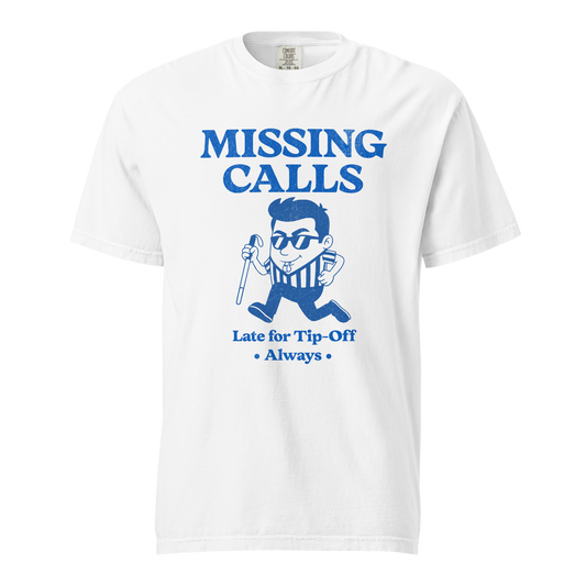 White Ref' Crew Missing Calls referee t-shirt, retro cartoon referee with sunglasses and a white cane — a funny ref gift, front view