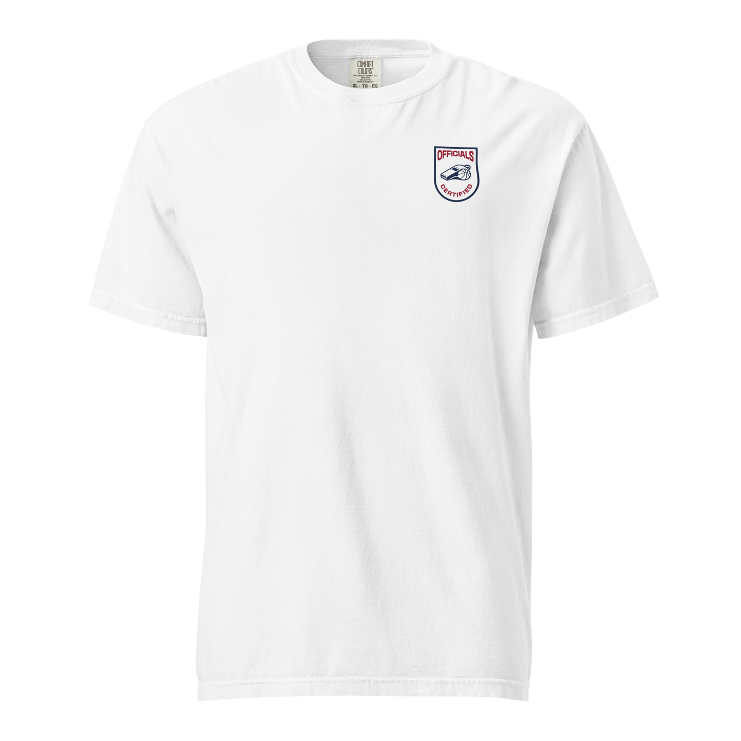 White garment-dyed heavyweight tee, front view — small Ref' Crew officials crest on the left chest