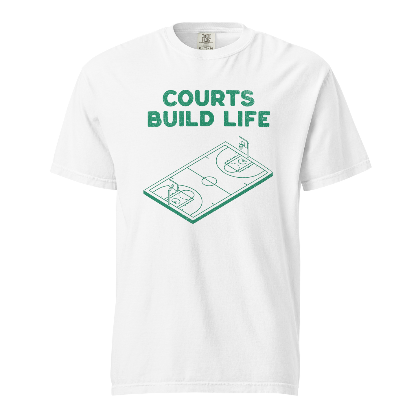 White garment-dyed heavyweight tee, front view — forest green isometric line drawing of a full basketball court under bold stacked Courts Build Life lettering