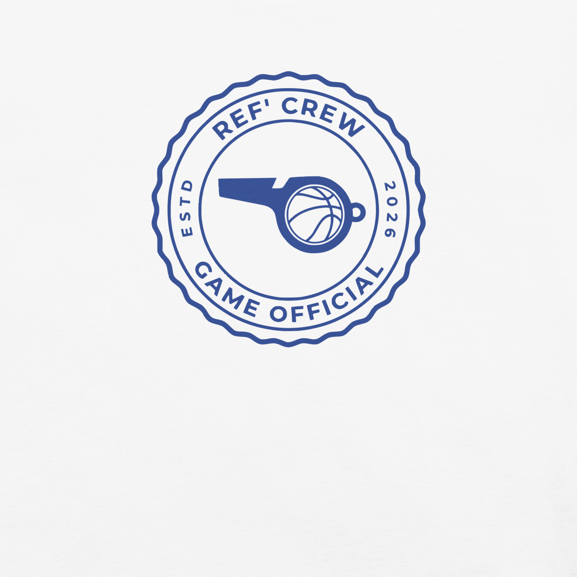 White Ref' Crew Game Official tee, front view — close look at the royal blue circular seal and ribbed border