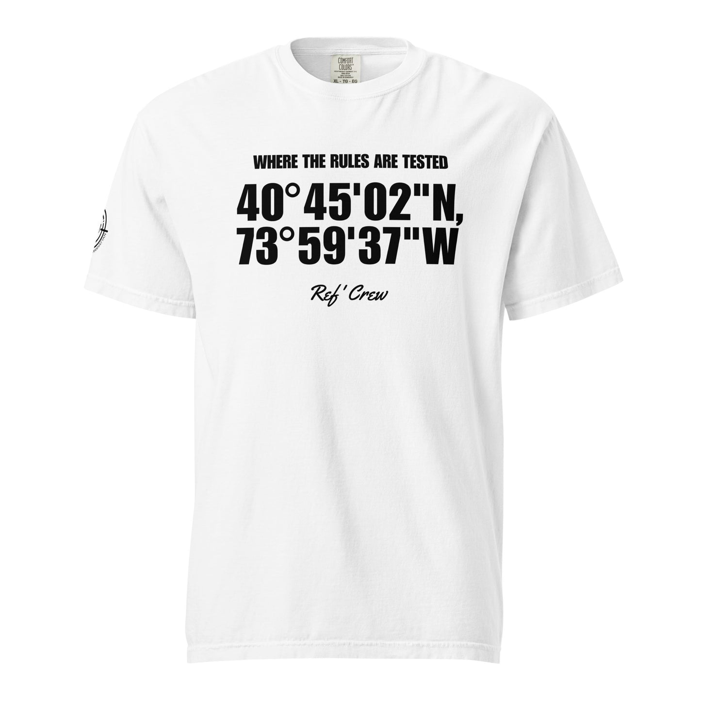 White garment-dyed heavyweight tee, front view — WHERE THE RULES ARE TESTED in condensed type over oversized black coordinates with Ref' Crew scripted underneath