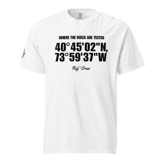 White garment-dyed heavyweight tee, front view — WHERE THE RULES ARE TESTED in condensed type over oversized black coordinates with Ref' Crew scripted underneath