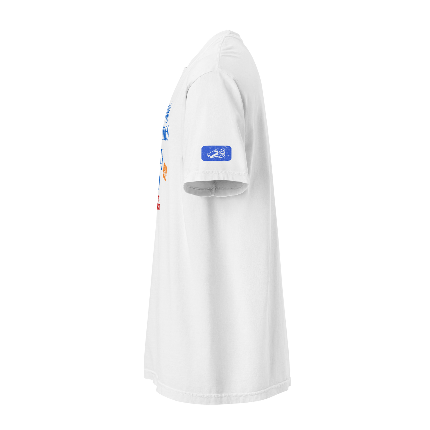 White Manifesto Performance Tee, premium ring-spun cotton, with "Blue Whistle" patch on sleeve. Ideal for basketball referees.