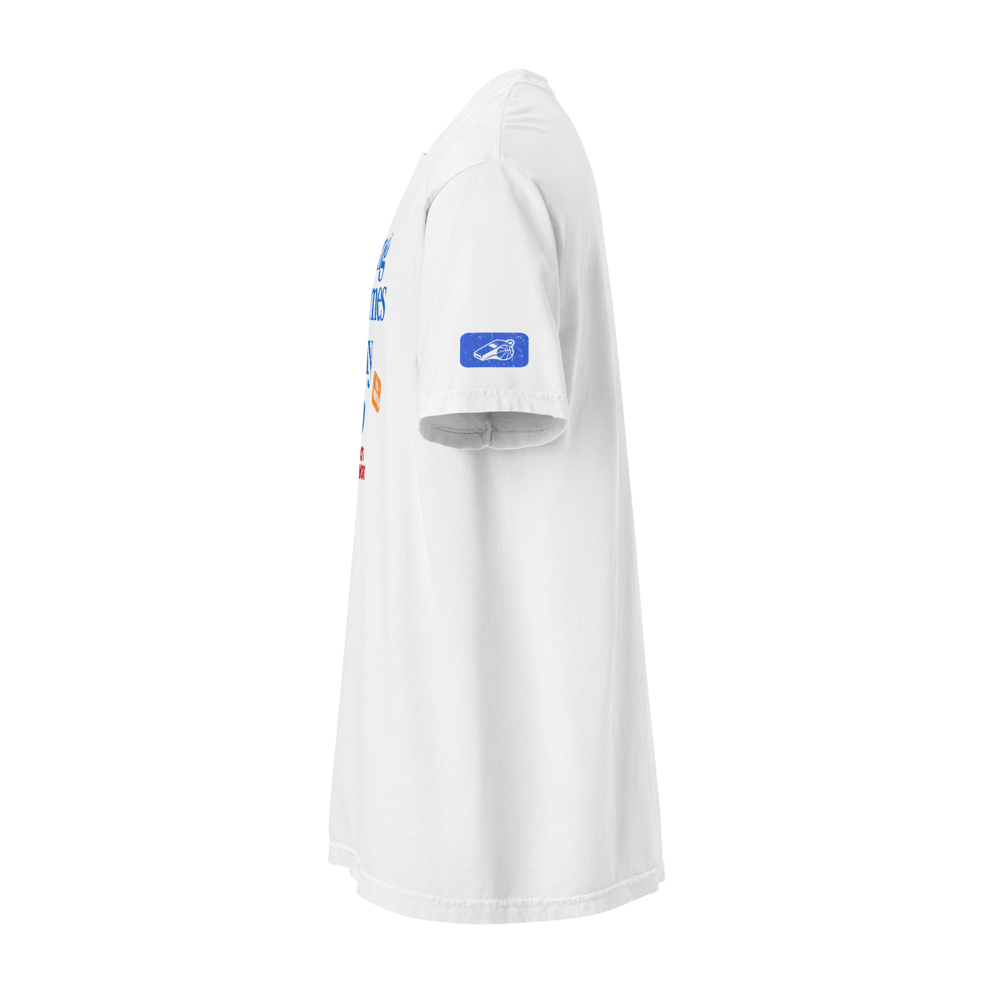 White Manifesto Performance Tee, premium ring-spun cotton, with "Blue Whistle" patch on sleeve. Ideal for basketball referees.