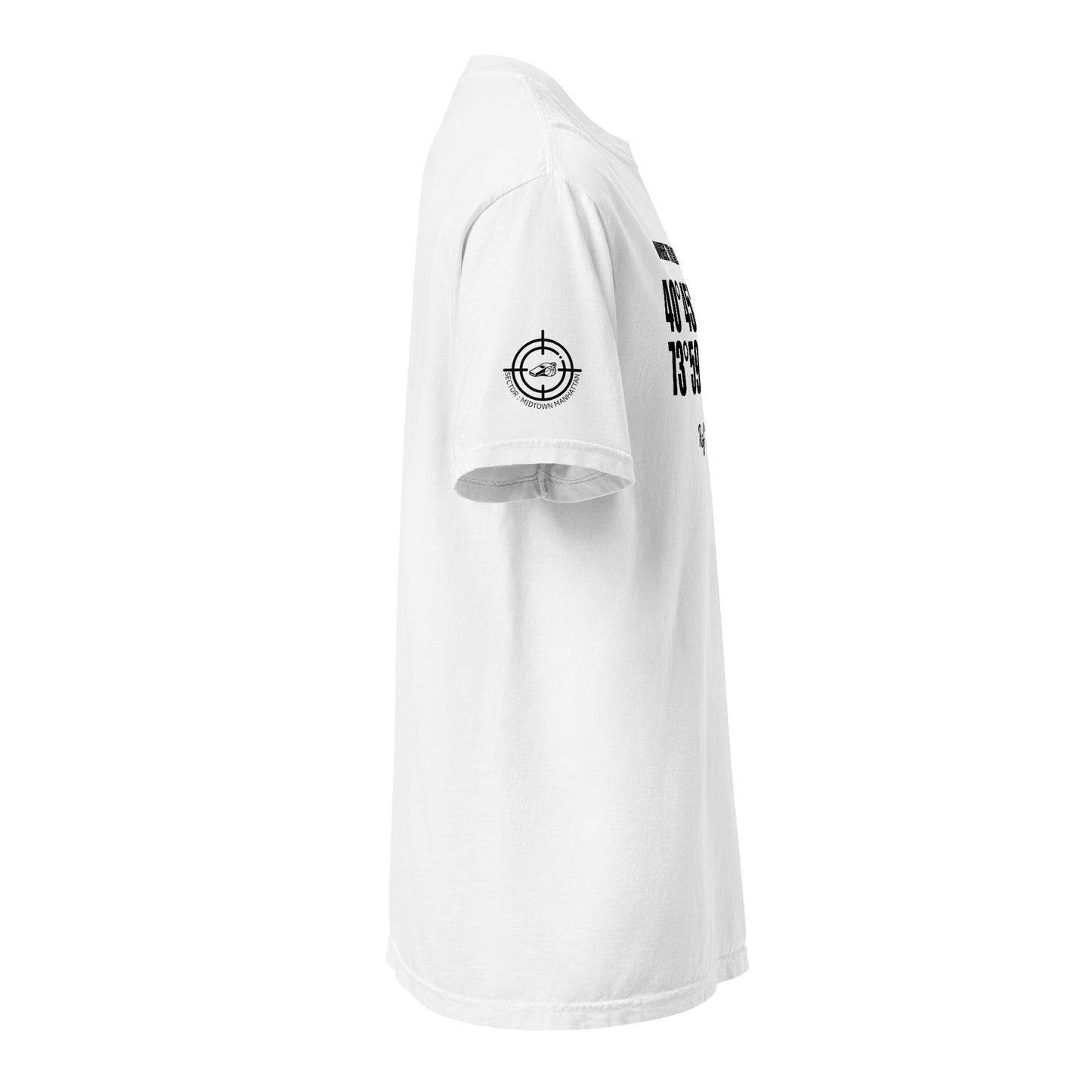 White Ref' Crew Coordinates tee, right side view — crosshair badge on the sleeve with the whistle at center and SECTOR MIDTOWN MANHATTAN around the ring