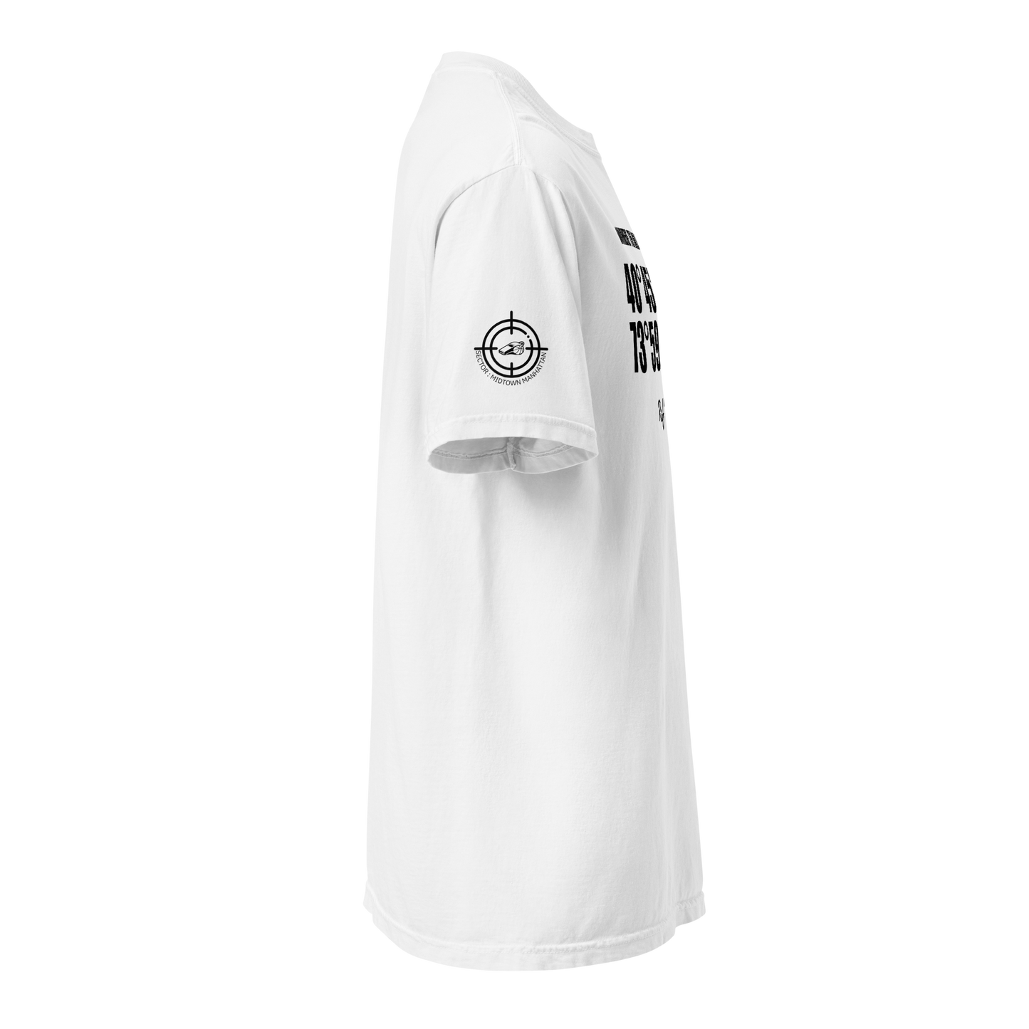 The Coordinates Tee in white — right side view showing the target detail printed on the sleeve.