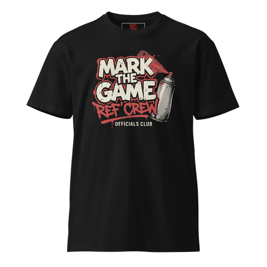 Black "Mark The Game Ref Crew" tee with graffiti-style graphic, spray can, and urban typography.
