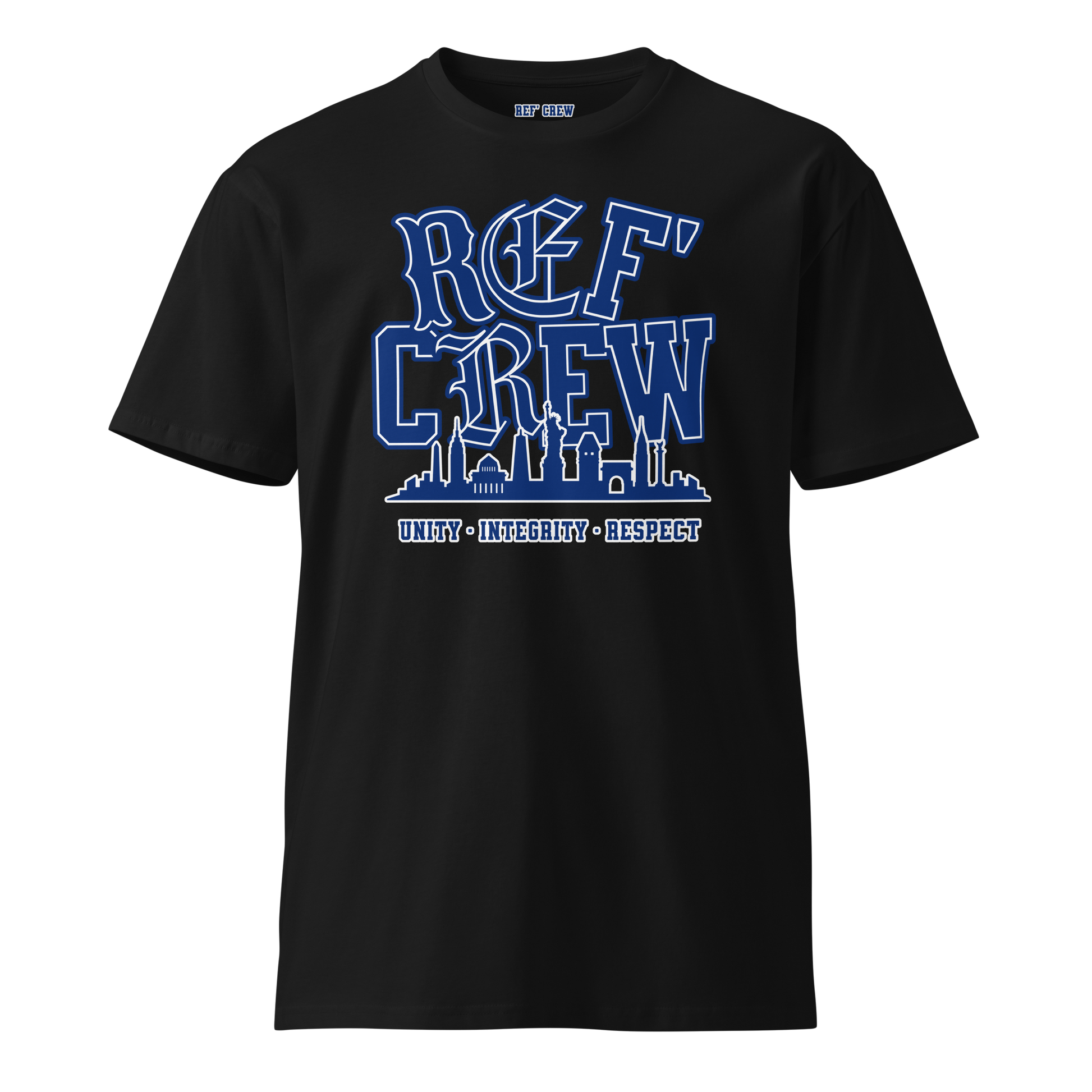 Black premium cotton "REF' CREW" tee with blue Old English lettering, city skyline, and "Unity, Integrity, Respect.