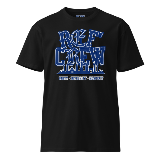 Black premium cotton "REF' CREW" tee with blue Old English lettering, city skyline, and "Unity, Integrity, Respect.