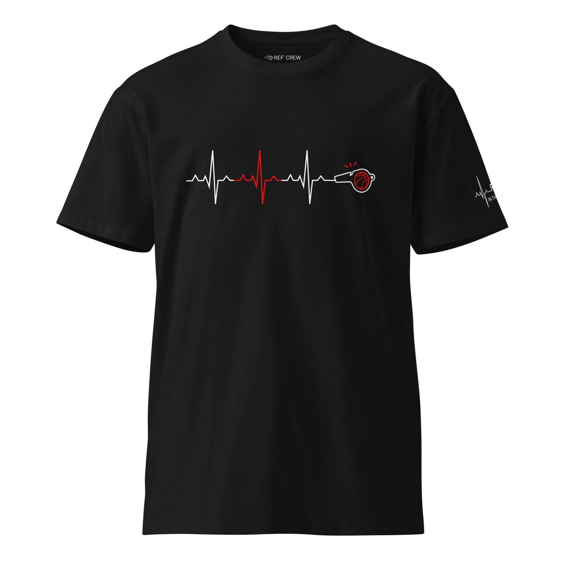 Black Ref' Crew "In The Blood" tee with minimalist heartbeat graphic and whistle, premium heavyweight cotton.
