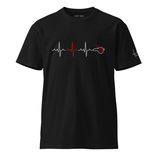 Black Ref' Crew "In The Blood" tee with minimalist heartbeat graphic and whistle, premium heavyweight cotton.
