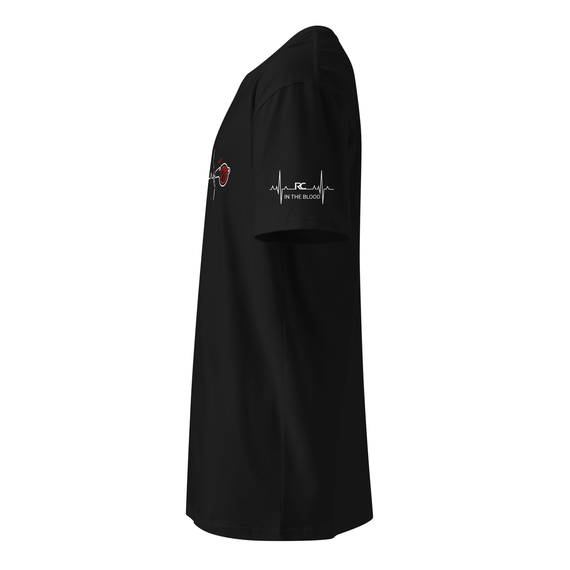 Black "In The Blood" Ref' Crew tee with minimalist heartbeat graphic and whistle, RC sleeve detail.